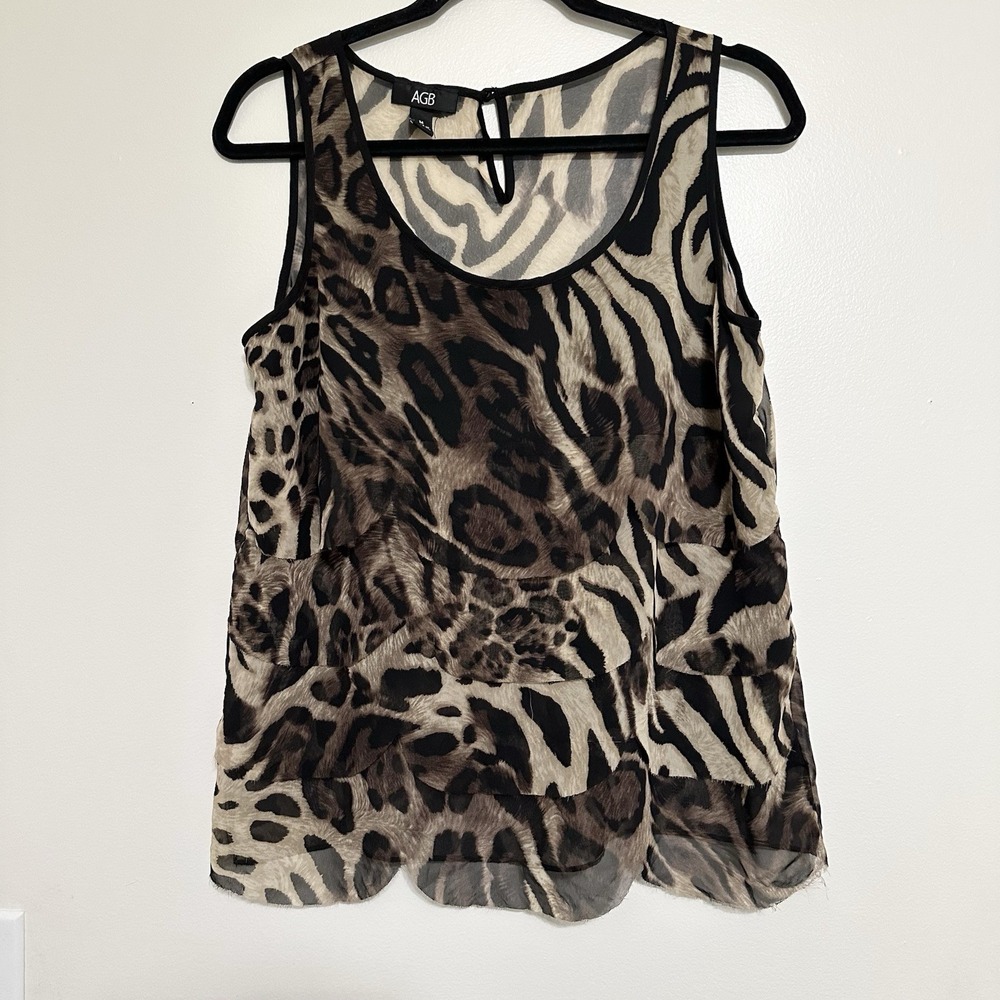 AGB Animal Print Tiered Tank Size Medium Mob Wife Ruffle Sheer‎